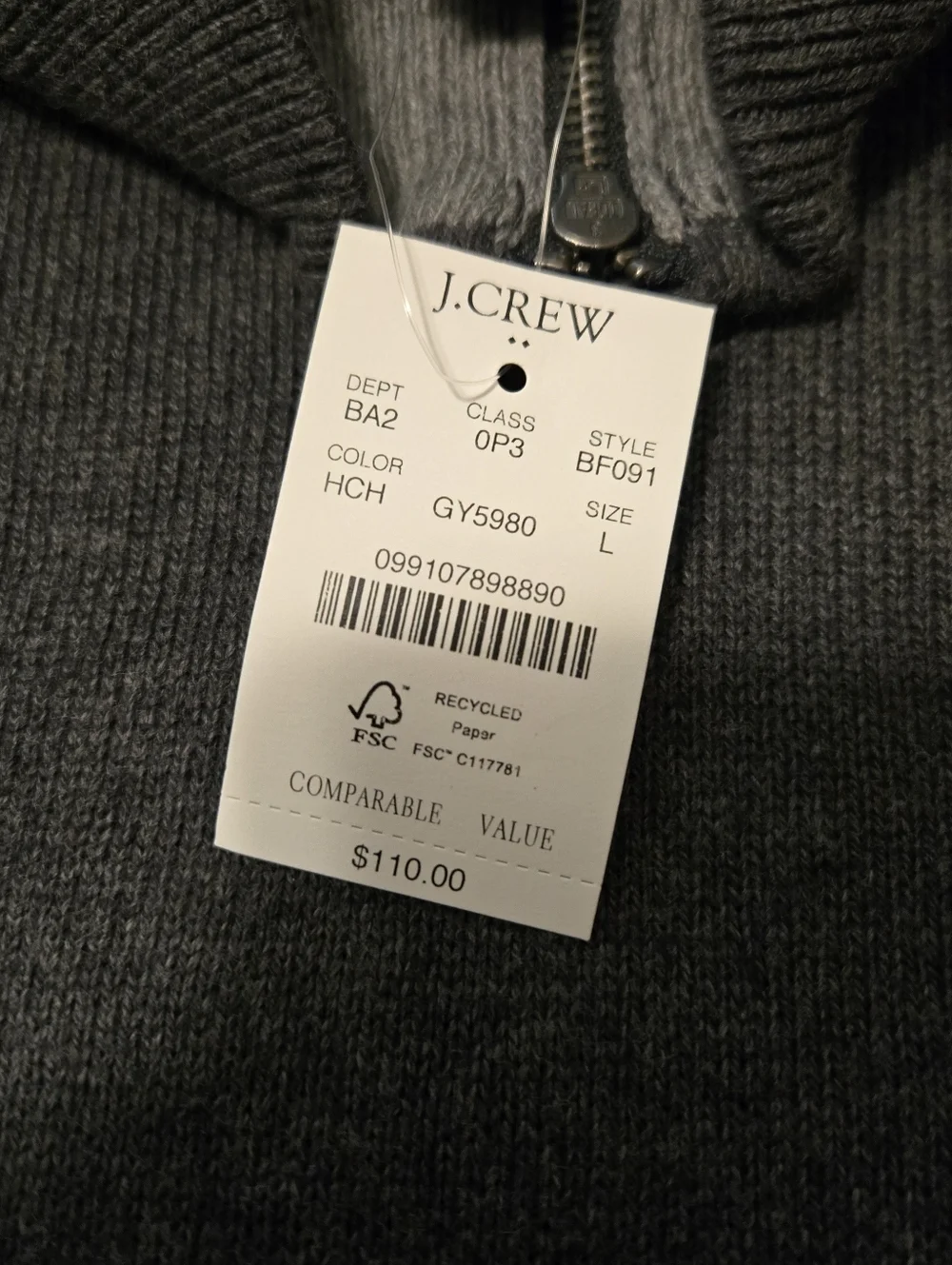New! J.Crew Mock Neck Quarter Zip Sweater Heather Gray Large Cotton